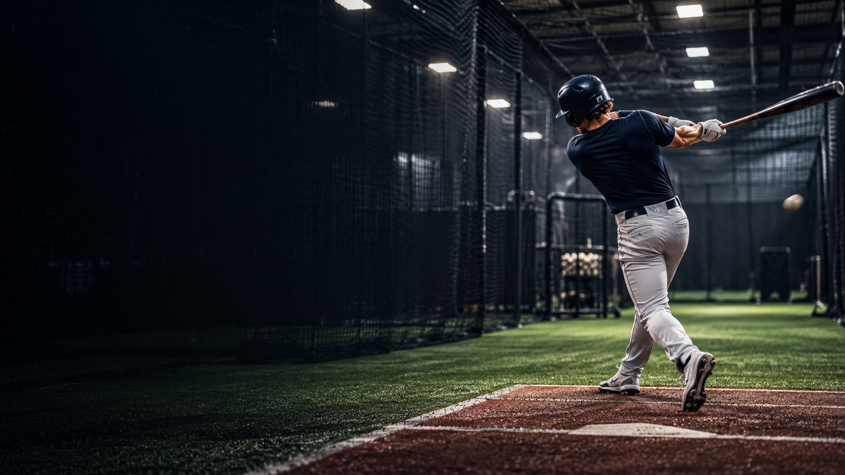 Baseball player swinging in an indoor batting cage